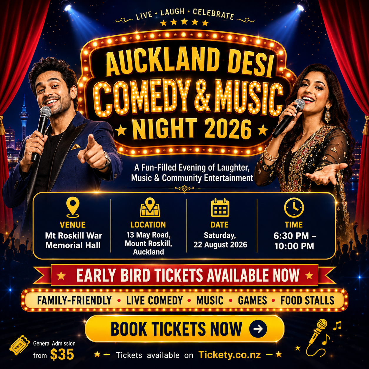 Auckland Desi Comedy & Music Night 2026 event poster in Wellington